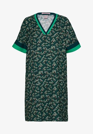Short-sleeve dress in dark green fabric with a floral pattern. Features a V-neck and contrasting green cuffs for added detail.