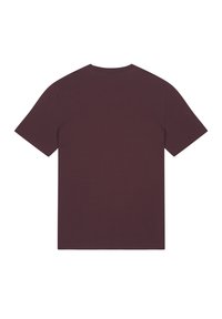 Bordeaux unisex katoenen t-shirt met korte mouwen, een ronde hals en een effen achterkant. Gladde textuur en normale pasvorm.