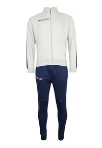 Giacca grigia con zip e dettagli blu, caratterizzata da un colletto alto. Pantaloni felpati blu abbinati con vestibilità slim. Logo del brand in bella vista.