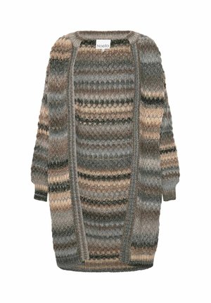 Dolga odprta kardigan z vzorcem črtastega pletenja v odtenkih sive, bež in rjave, z rebrastimi manšetami in spodnjim robom.