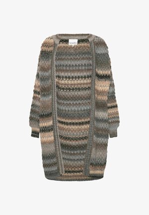 Long open-front cardigan with striped knit pattern in shades of gray, beige, and brown, featuring ribbed cuffs and hem.