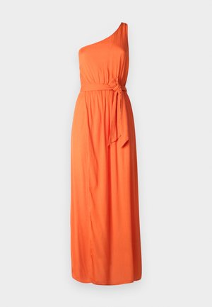 Robe maxi orange à une épaule, faite d'un tissu léger, avec une taille ceinturée et un design fluide. Texture lisse et couleur unie.