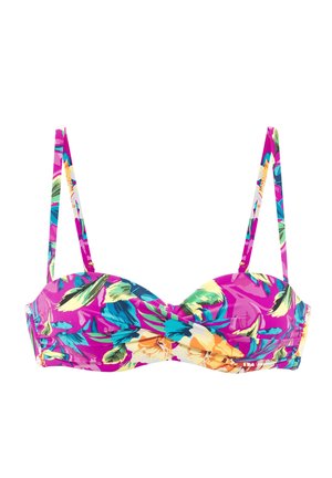 Bunte Bikinioberteil mit einem Blumenmuster in lebendigen Pink-, Grün- und Gelbtönen. Verstellbare Träger und gerafftes Stoffdetail.