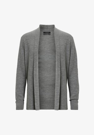 Grå cardigan lavet af ribbet strikmateriale, med åben front, lange ærmer og en afslappet pasform uden lukninger.