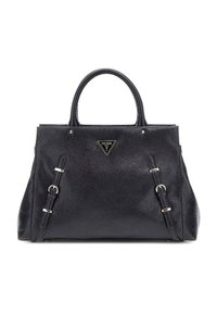 Borsa a tracolla in pelle nera con texture, manici superiori, dettagli in metallo argentato e badge con logo triangolare sul davanti. Presenta una forma strutturata.