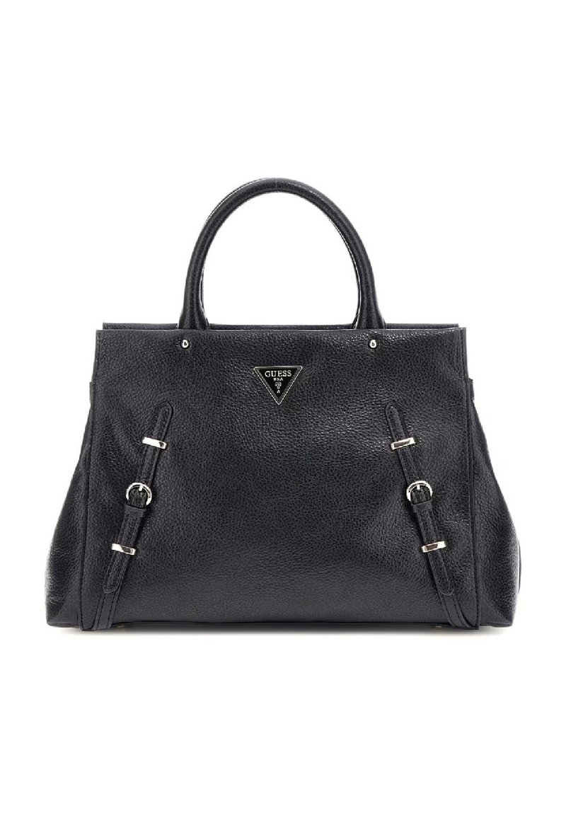 Borsa a tracolla in pelle nera con texture, manici superiori, dettagli in metallo argentato e badge con logo triangolare sul davanti. Presenta una forma strutturata.