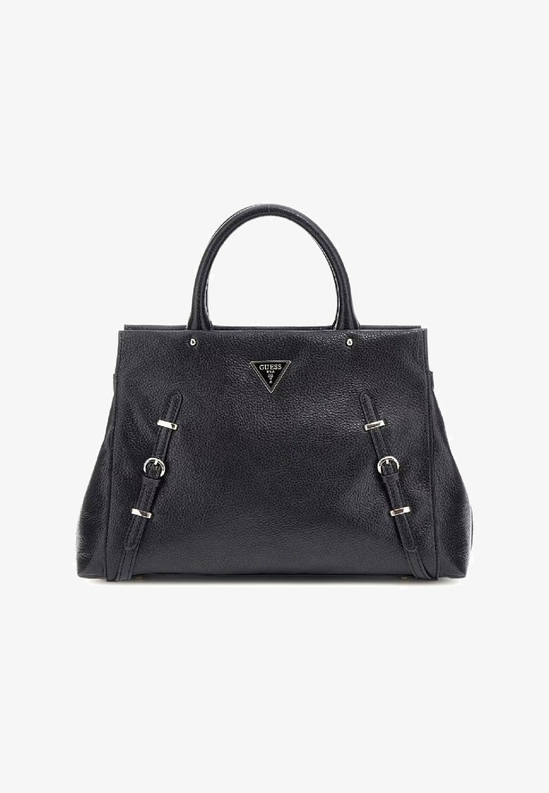 Borsa a tracolla in pelle nera con texture, manici superiori, dettagli in metallo argentato e badge con logo triangolare sul davanti. Presenta una forma strutturata.