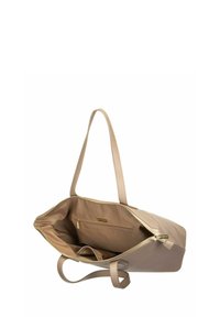Sac fourre-tout beige avec longues anses, fermeture éclair supérieure ouverte, et poche intérieure zippée, dévoilant un intérieur spacieux doublé de tissu.