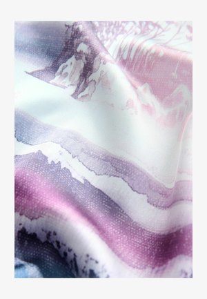 Silk fabric with a flowing texture features an abstract wave pattern in shades of purple and blue, blended with soft pastel colors.