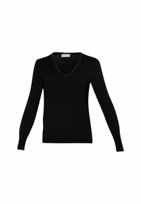 Zwarte V-hals trui van zacht, lichtgewicht breimateriaal. Heeft lange mouwen en een subtiele glans langs de halslijn. Eenvoudig ontwerp.