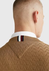 Close-up van de achterkant van het hoofd van een man met kort blond haar, gekleed in een bruine gebreide trui met een zigzagpatroon en een witte kraag met rode, witte en zwarte strepen.