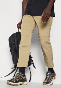 Beige cargo pants with a straight cut, paired with black hiking shoes featuring light accents and a rugged Sole. A black backpack is held in hand.