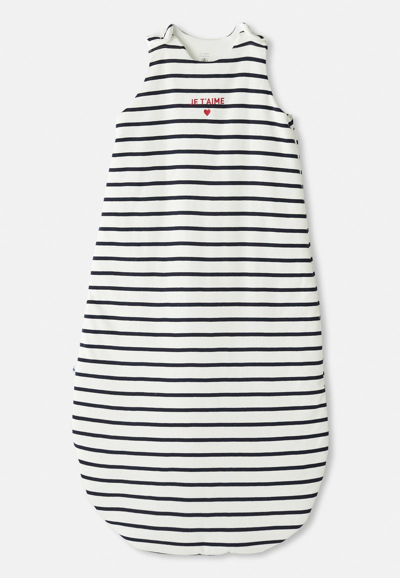 Ärmlös babysovnät med vita och marinblå ränder, röd "JE T'AIME"-text och hjärta broderat nära bröstet.