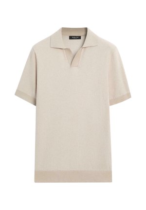 Polo beige manches courtes en maille avec tissu texturé, col en V ouvert et ourlet droit.