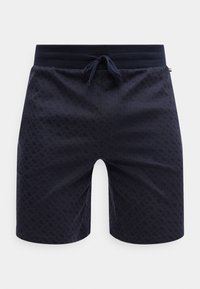 Shorts pour hommes bleu marine avec un motif discret en forme de diamant, taille élastique et fermeture à cordon à l'avant.