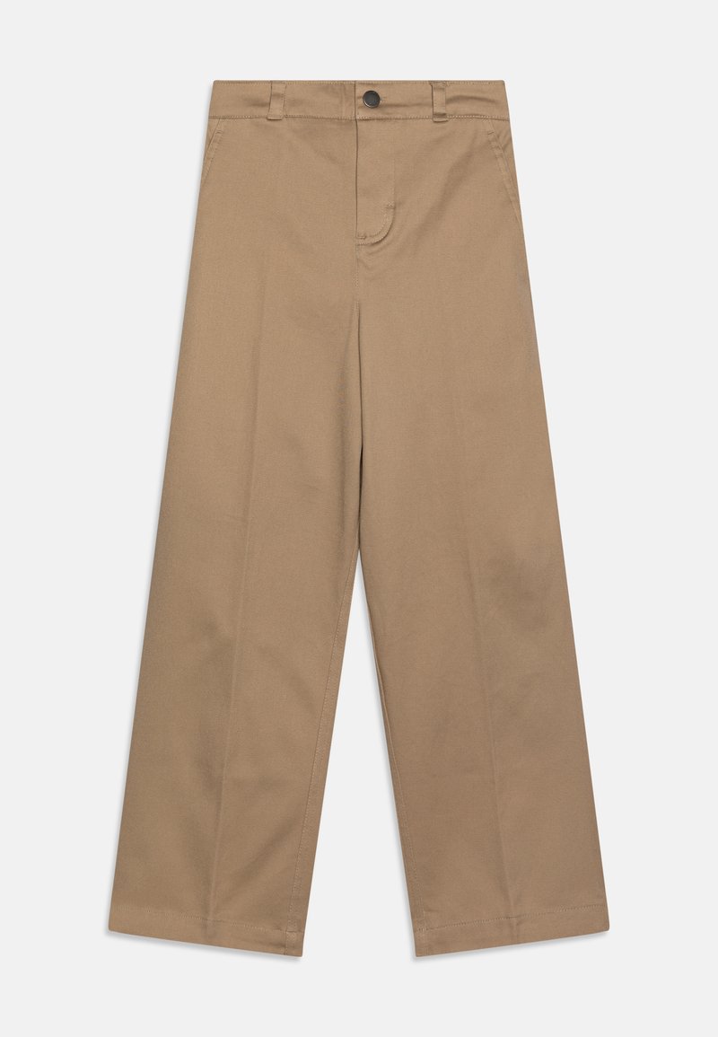 Μπεζ παντελόνι με φαρδύ πόδι κατασκευασμένο από μείγμα βαμβακιού. Διαθέτει μπροστινό κλείσιμο με κουμπί, θηλιές ζώνης και καθαρές λεπτομέρειες ραφής σε όλη την επιφάνεια.