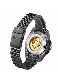 Automatische horloge met een zwarte metalen band, roestvrijstalen achterkant en een transparante kast. Gouden uurwerk zichtbaar door de achterkant.