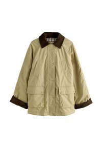 Giacca beige con colletto e polsini in velluto a coste marrone scuro, bottoni a pressione frontali, due tasche sul petto inclinate e due ampie tasche a bavero in vita.