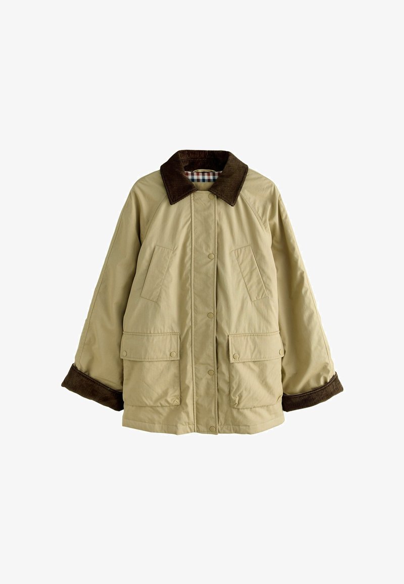 Beige jas met een donkerbruin ribstoffen kraag en manchetten, met drukknopen aan de voorkant, twee schuin geplaatste borstzakken en twee grote flapzakken op taillehoogte.