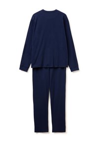 Conjunto de pijama de algodón azul marino que incluye una camiseta de manga larga y pantalones de largo completo, con un ajuste relajado y un escote sin costuras.