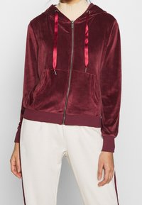 Sudadera con cremallera en burdeos, confeccionada en suave tejido de terciopelo, con capucha, cordones de satén y bolsillos frontales, además de puños y dobladillo de canalé.