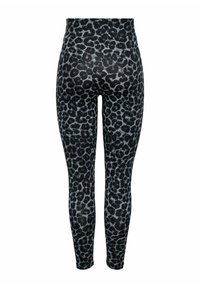 Svarta leggings med ett mönster i leopardtryck i grå nyanser, slät textur, hög midja och tapered ben.