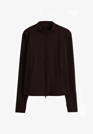 Chaqueta negra de manga larga con cremallera, cuello alto y bolsillos laterales con cremallera, mostrada extendida sobre fondo blanco.