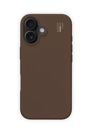 Custodia per telefono in silicone marrone con ritagli per doppia fotocamera, texture liscia e marchio sul lato. Design minimalista con forma ergonomica.