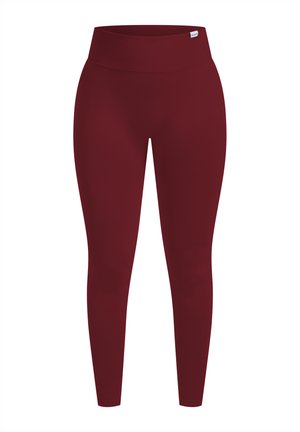 Bordeaux leggings med en høj, ribbet talje, lavet af strækstof. Designet er tætsiddende uden synlige mønstre eller accenter.