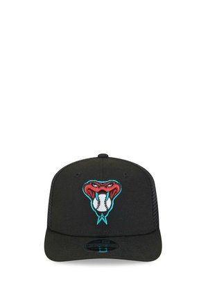 Black baseball cap with a red snake logo biting a baseball, outlined in teal, centered on the front panel.
