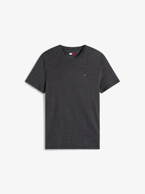T-shirt en coton gris foncé à manches courtes, col rond, logo discret sur la poitrine gauche, texture lisse et coupe standard.