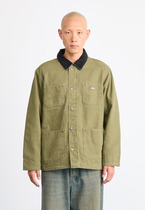 Khaki green jacket with a black corduroy collar, front snap buttons, and two large front pockets. Fabric has a smooth texture.