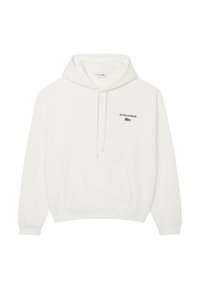 Sudadera blanca con capucha, bolsillo frontal, cordones y pequeño texto "Jeu Set et Match" con logo de cocodrilo verde en el pecho.