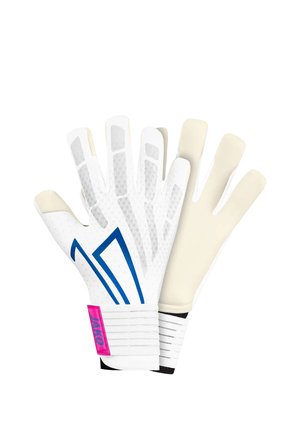 Pair of white goalkeeper gloves with blue geometric design and pink logo strap, showing palm and backhand views.