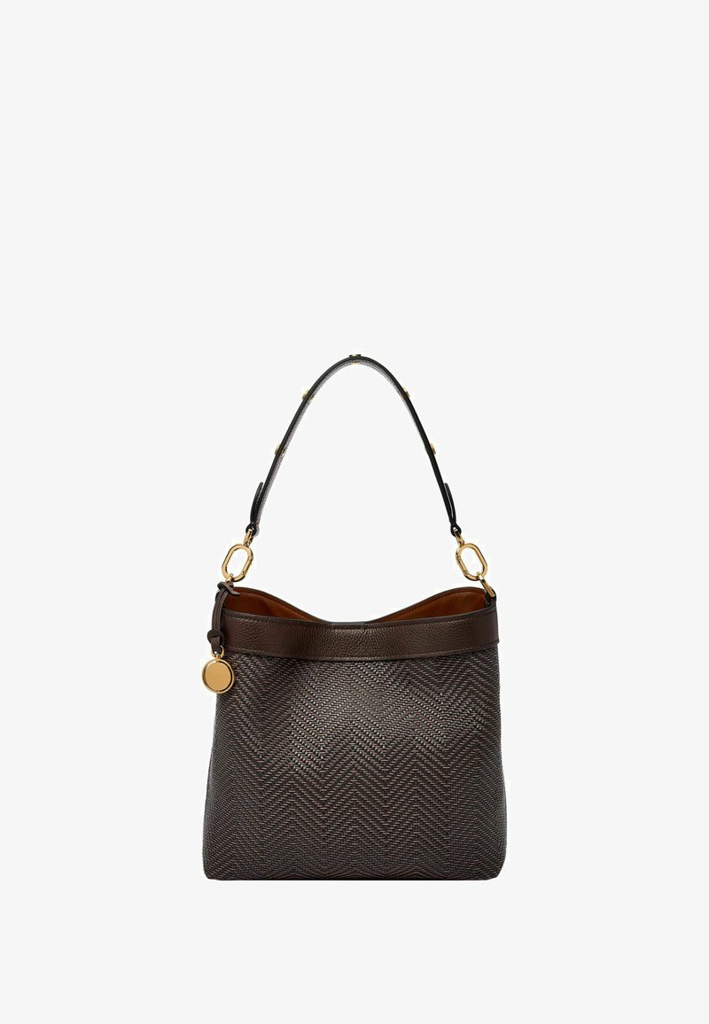 Brown woven handbag with a herringbone pattern, leather trim, and a slim shoulder strap featuring gold-tone hardware.