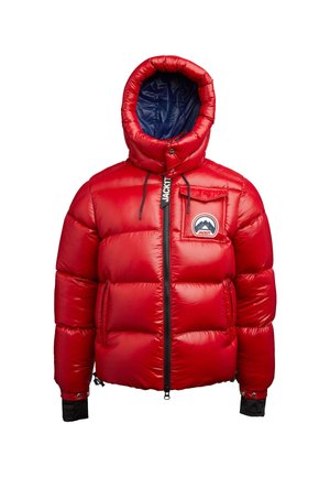 Red puffer jacket with a high collar, featuring a blue interior, zip closure, and a chest pocket with a circular logo. Smooth, glossy texture.