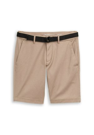 Beige knielange shorts met zijzakken en een zwarte verstelbare riem, plat gelegd op een witte achtergrond.