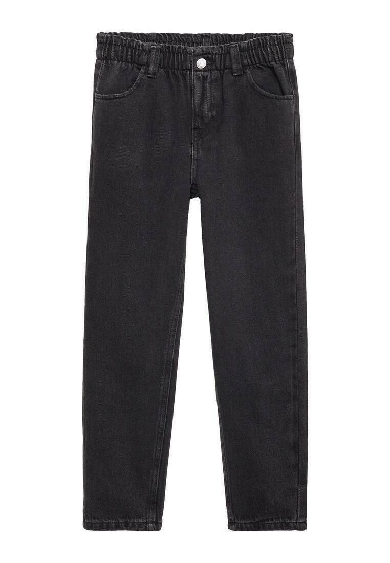 Črne jeans hlače iz denima z elastičnim pasom, klasičen pet-pocket dizajn, ravne noge in subtilni detajli šivanja.