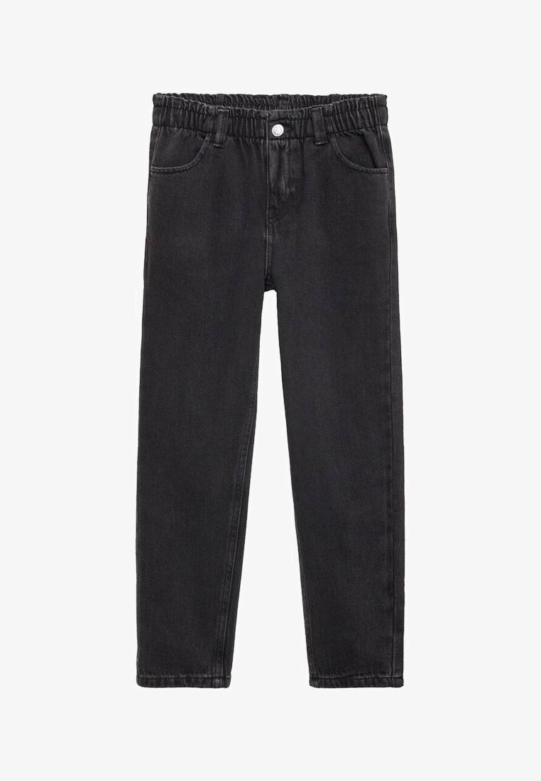 Črne jeans hlače iz denima z elastičnim pasom, klasičen pet-pocket dizajn, ravne noge in subtilni detajli šivanja.