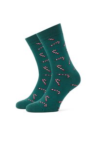 Zielone skarpetki z powtarzającym się wzorem w postaci cukrowej laski w kolorze czerwono-białym. Materiał z mieszanki bawełny z prążkowanym mankietem dla komfortu.