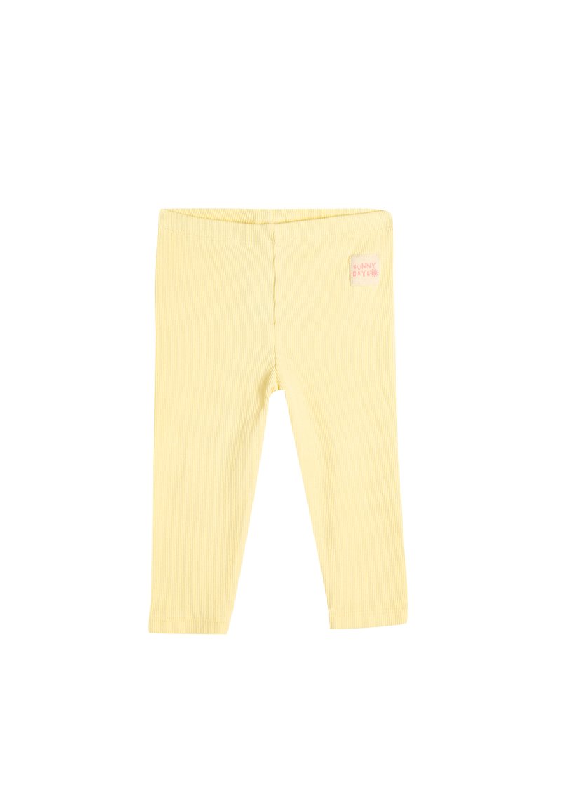 Lysegule ribbede leggings med elastisk talje, med et lille pink "Sunny Days" mærke på den forreste højre side.