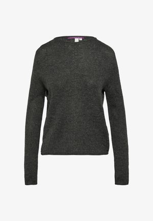 Donkergrijze gebreide trui met een ronde halslijn, lange mouwen en een losse pasvorm. Kenmerkende textuur en minimale afwerking.