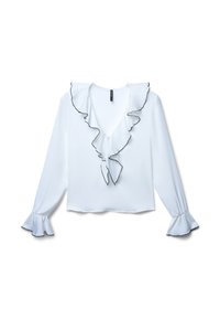 Blusa bianca con scollo arricciato e bordi neri, maniche lunghe con polsini a campana, texture liscia e apertura frontale a forma di V.