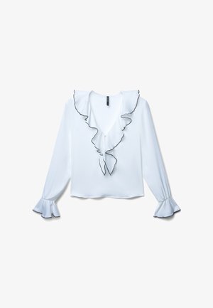 White blouse with ruffled neckline and black trim, long sleeves with flared cuffs, smooth texture, and V-shaped front opening.
