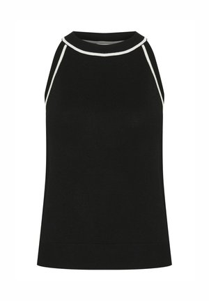 Black sleeveless top with a round neck, featuring white trim at the collar and armholes. Made of lightweight fabric with a smooth texture.