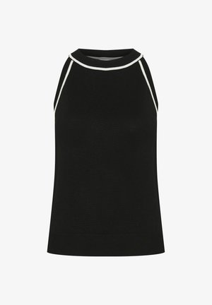 Zwarte mouwloze top met een ronde hals, voorzien van witte bies bij de kraag en armsgaten. Gemaakt van lichte stof met een gladde textuur.