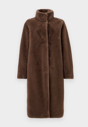 Brown faux fur coat with a high collar, long sleeves, and a straight cut. The texture is soft, featuring a smooth, plush finish.