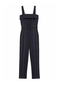 Marineblauwe jumpsuit met een gestructureerde, off-the-shoulder halslijn, een riem in de taille en contrasterende witte verticale stiksels.