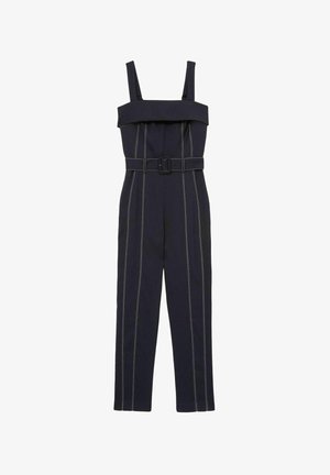 Marinefarbener Overall mit einer strukturierten, schulterfreien Ausschnittlinie, einem Gürtel in der Taille und kontrastierenden weißen vertikalen Nähten.