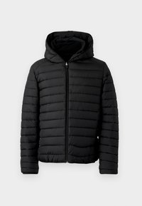 Black puffer jacket with a hood, featuring quilted design, lightweight, full zipper, and elastic cuffs for warmth and comfort.